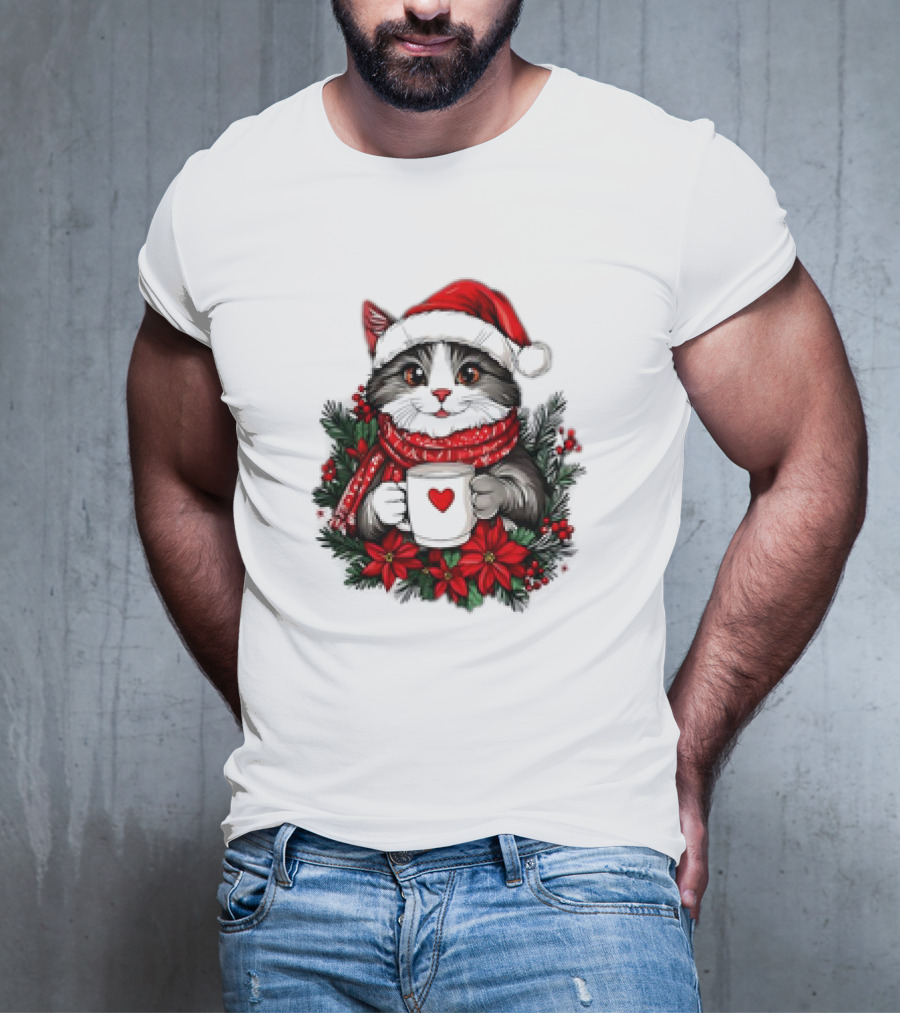 Christmas Cat Santa Hat Coffee Mug Festive T-Shirt