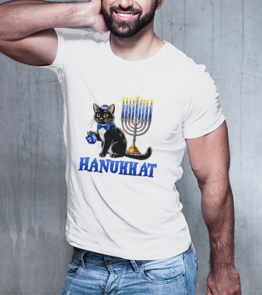 Hanukkat Cute Happy Hanukkah Jewish Cat Menorah Chanukah T-Shirt