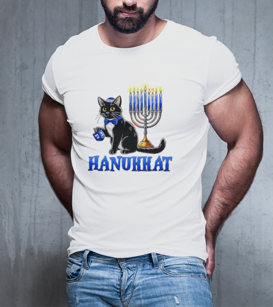 Hanukkat Cute Happy Hanukkah Jewish Cat Menorah Chanukah T-Shirt