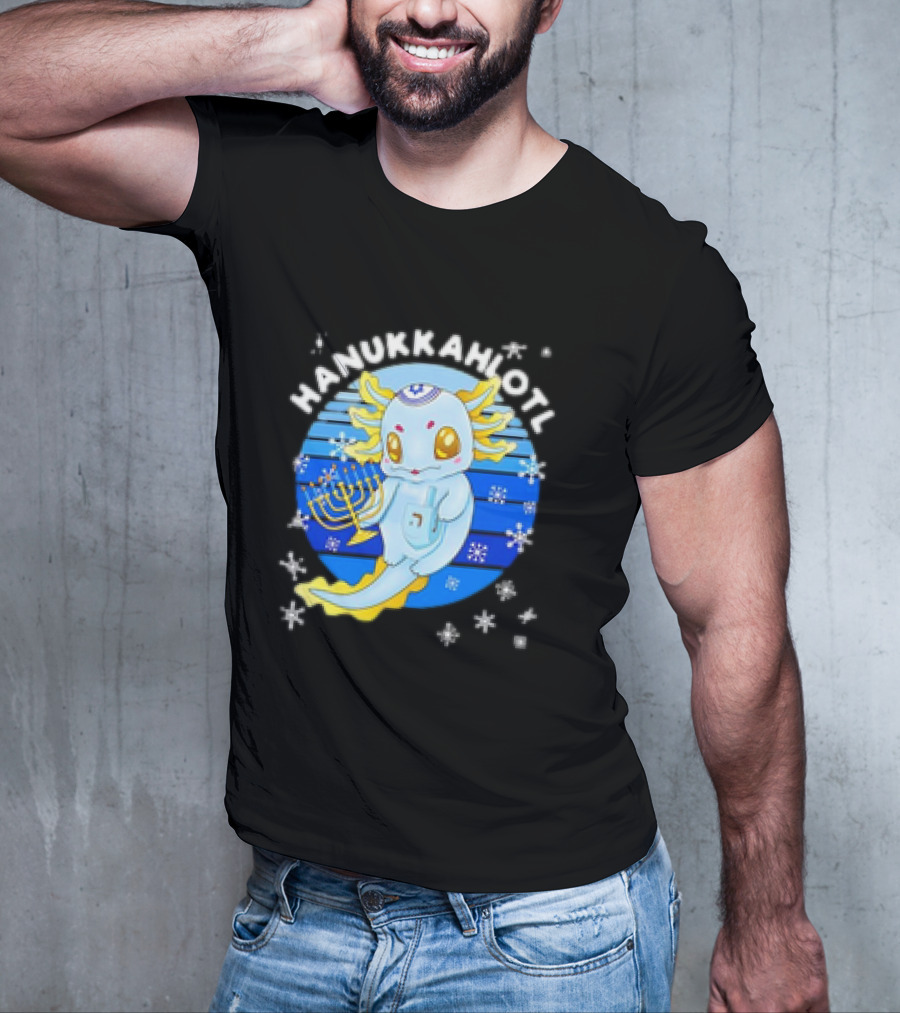 Hanukkahlotl Axolotl Dreidel Menorah Snowflakes Retro T-Shirt