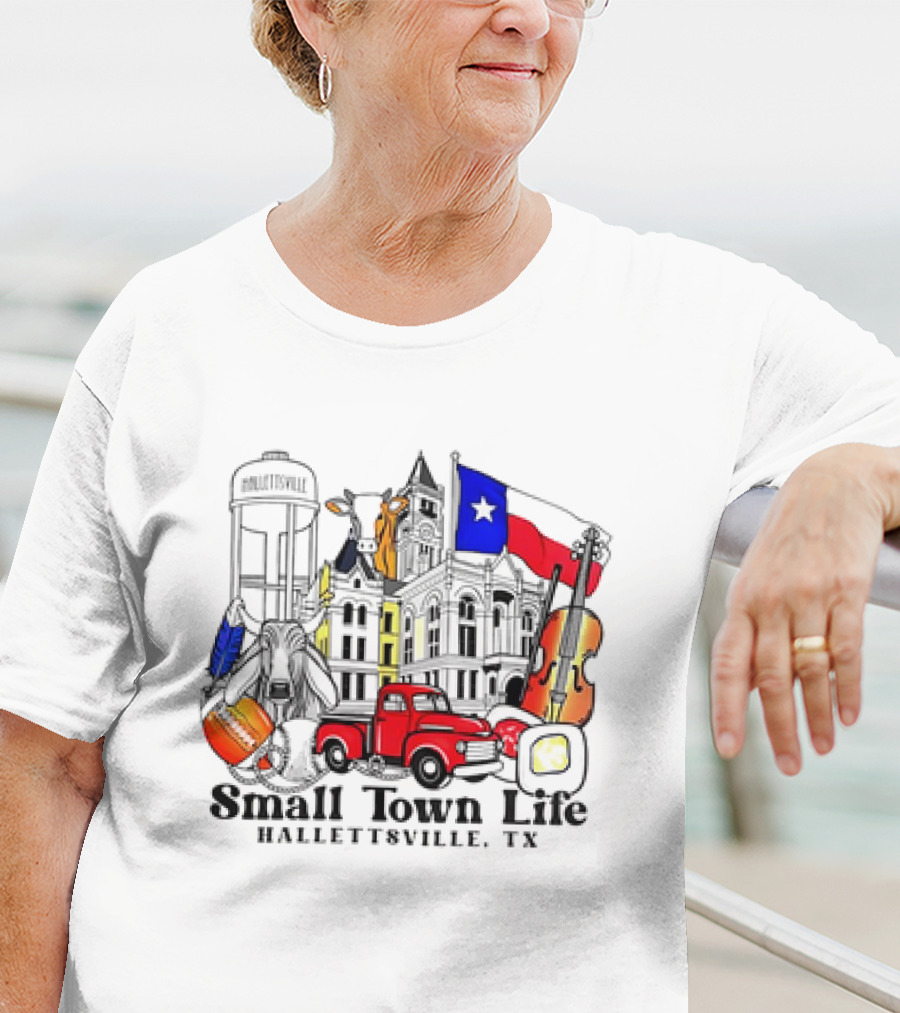 Small Town Life Hallettsville TX Water Tower Historic Courthouse Red Truck Texas Flag Cow Guitar T-Shirt
