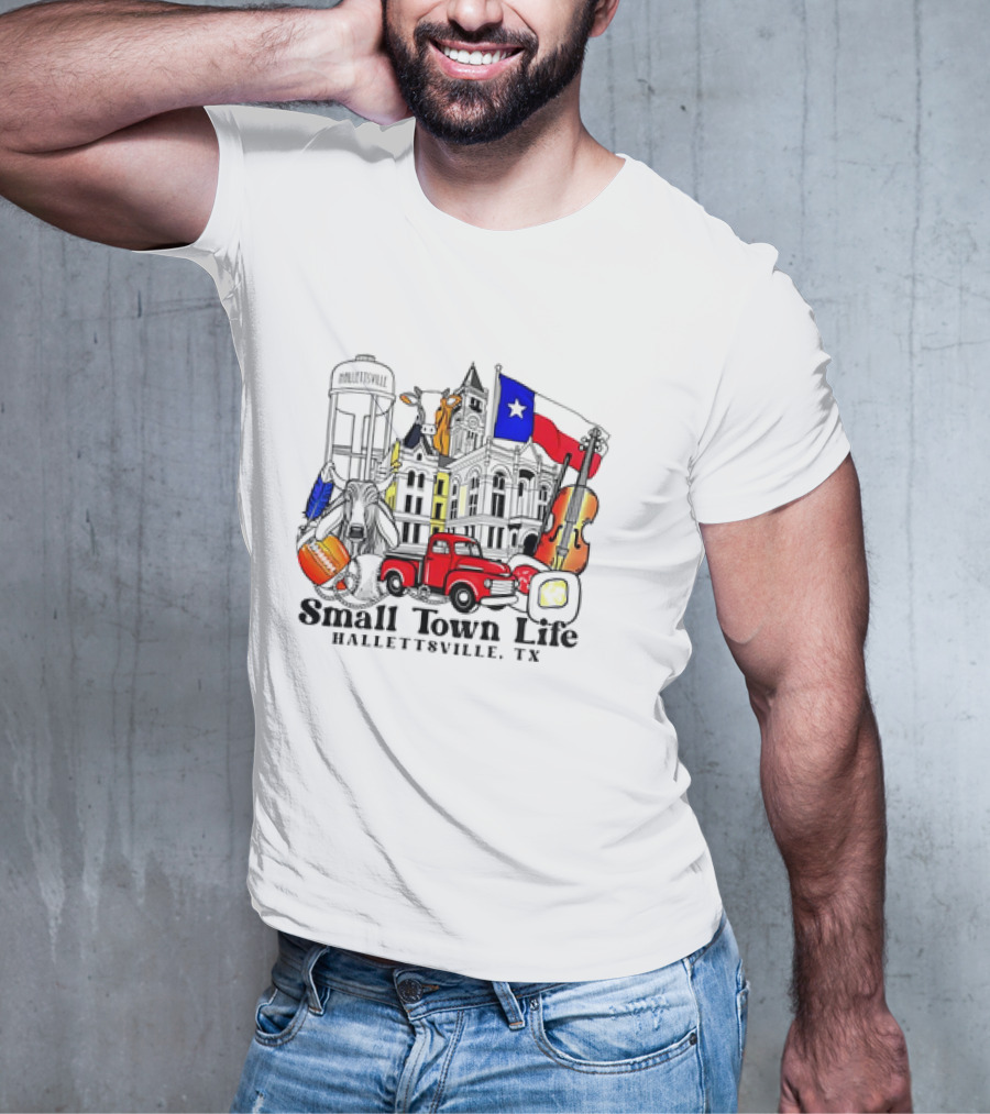 Small Town Life Hallettsville TX Water Tower Historic Courthouse Red Truck Texas Flag Cow Guitar T-Shirt