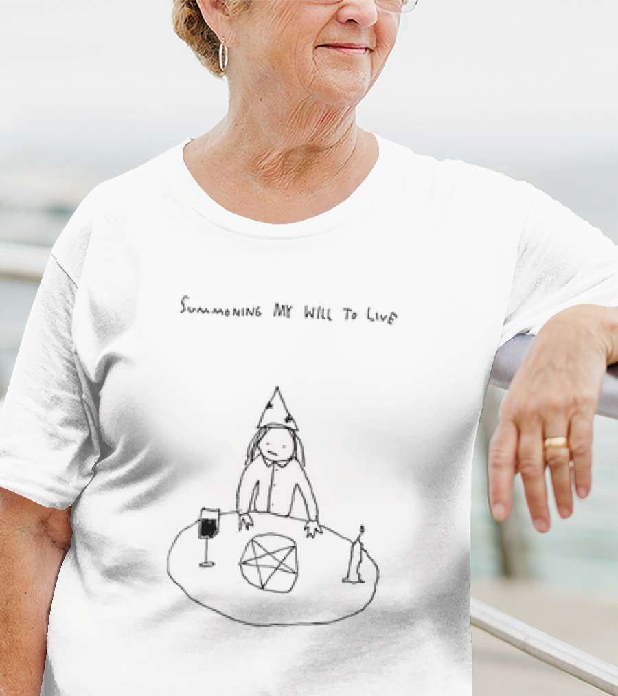 Summoning My Will To Live Wizard Hat Pentagram Candle Wine Sketch T-Shirt