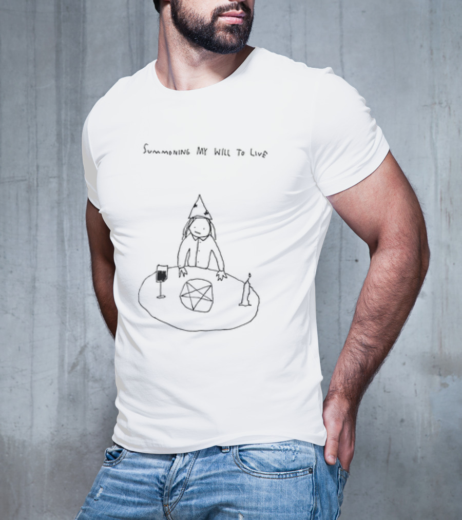 Summoning My Will To Live Wizard Hat Pentagram Candle Wine Sketch T-Shirt