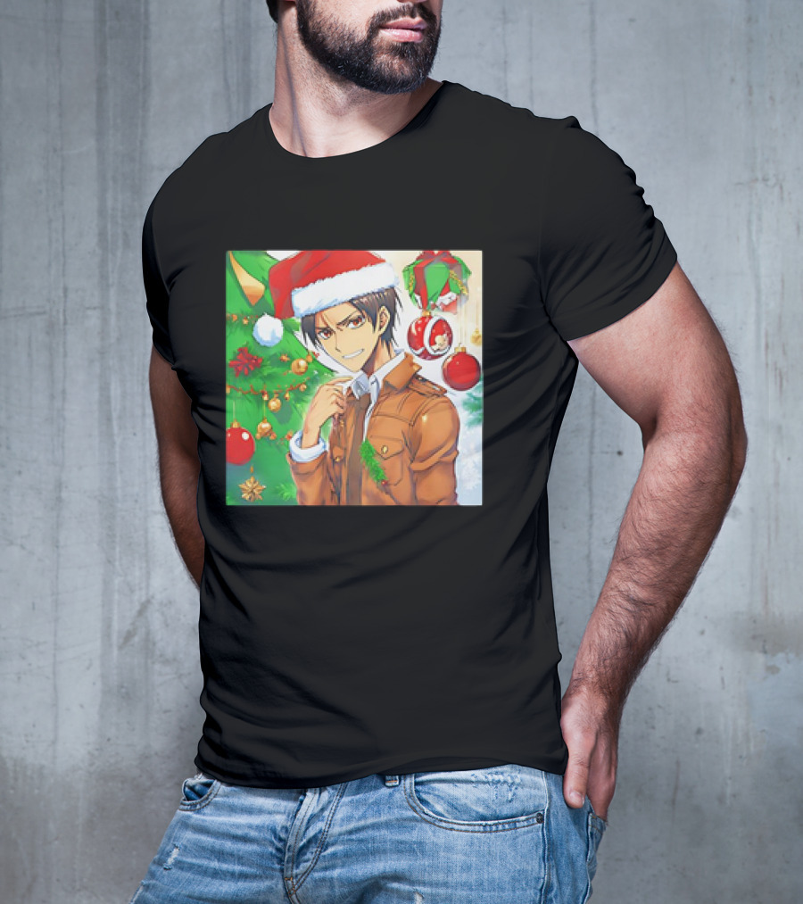 Eren Yeager Santa Hat Christmas Attack On Titan Anime Festive Tree Ornaments T-Shirt