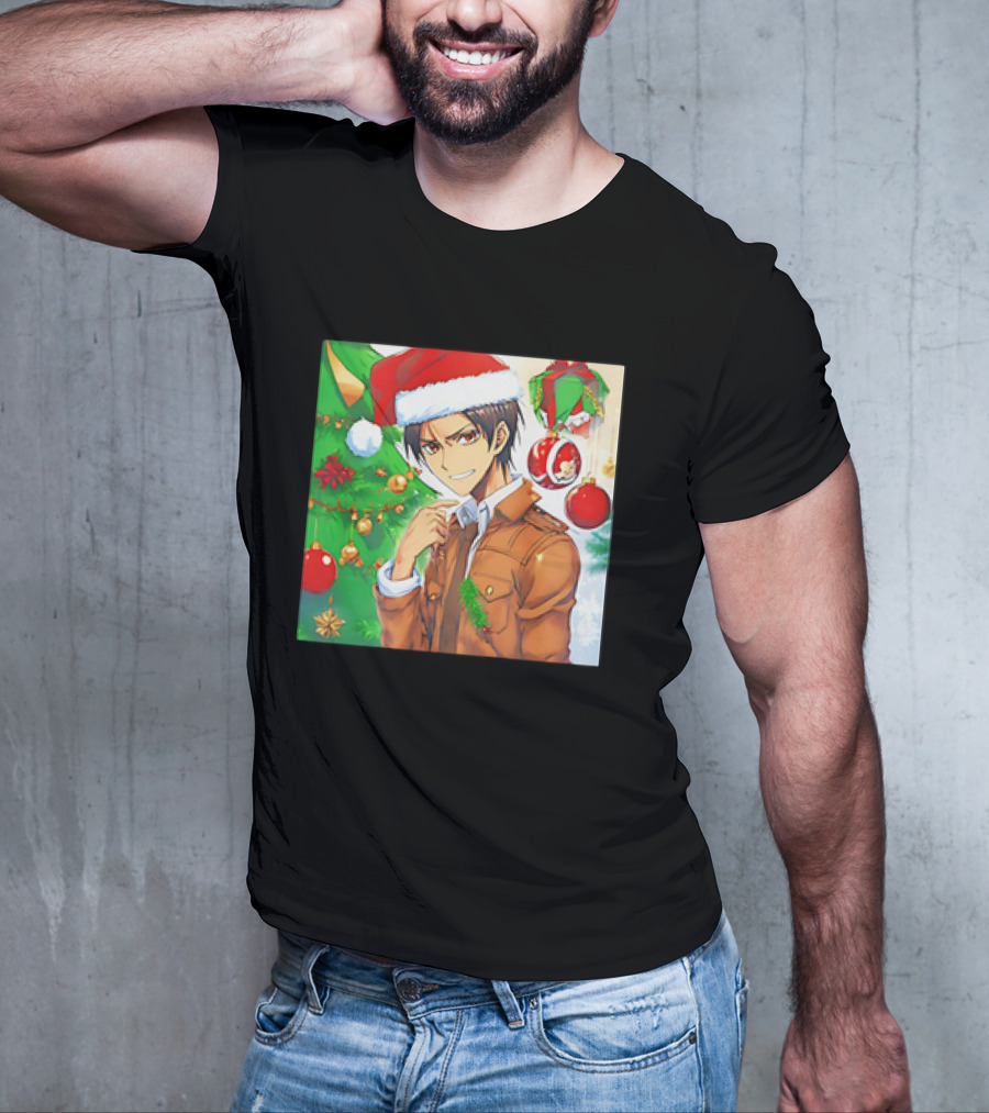 Eren Yeager Santa Hat Christmas Attack On Titan Anime Festive Tree Ornaments T-Shirt