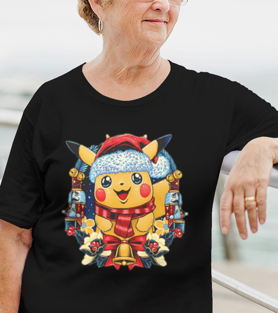 Pikachu Christmas Hat Scarf Nutcracker Bells Pokémon Holiday T-Shirt