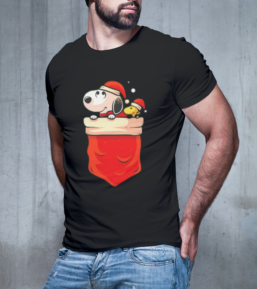 Snoopy And Woodstock Christmas Santa Hats In Red Pocket T-Shirt