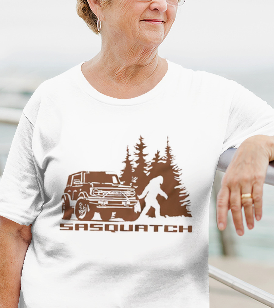 Sasquatch Bigfoot Bronco Truck Forest Scene T-Shirt
