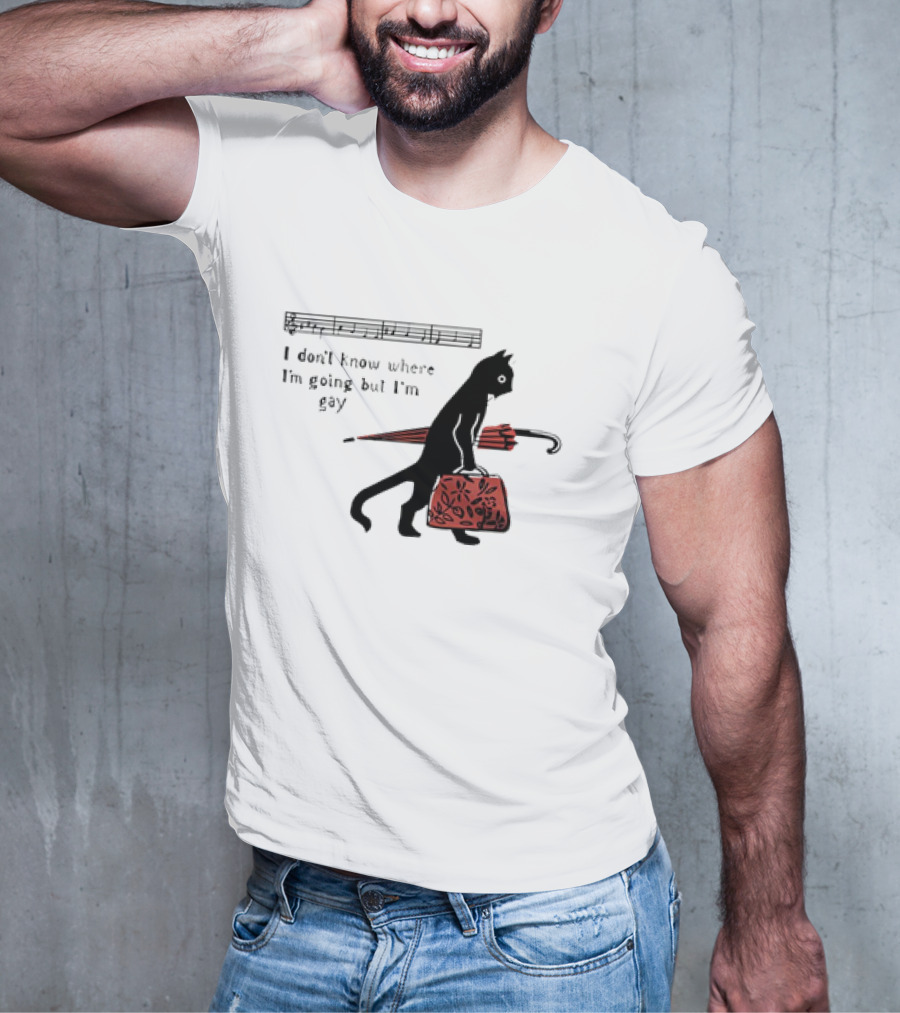 I Don't Know Where I'm Going But I'm Gay Cat With Umbrella And Bag T-Shirt