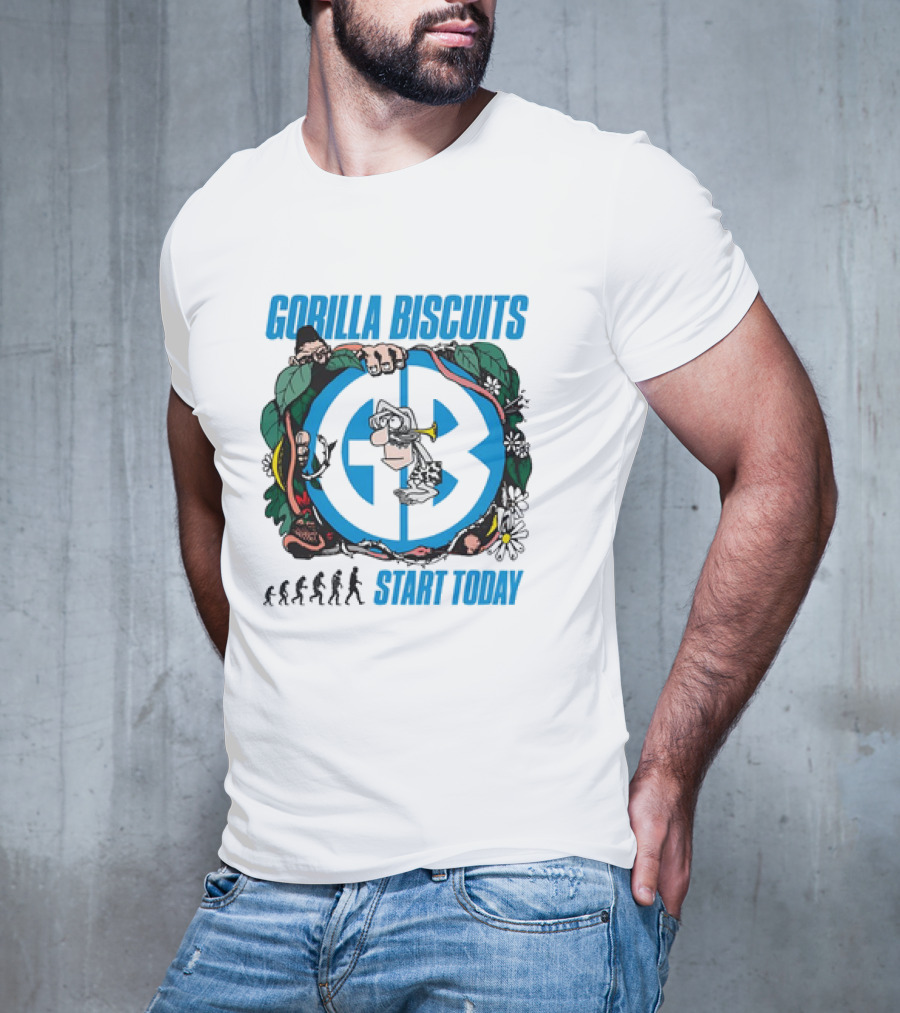 Gorilla Biscuits Start Today Evolution Theme Logo With Characters And Nature Elements T-Shirt