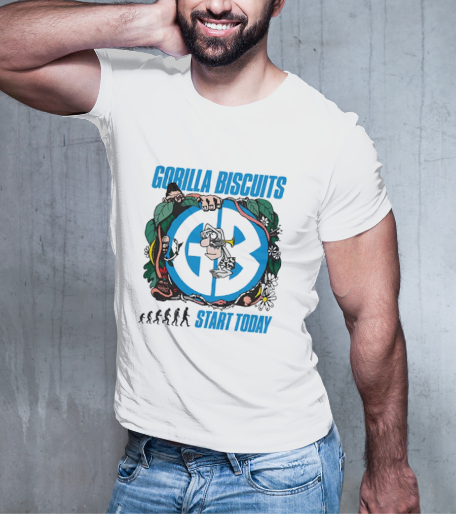 Gorilla Biscuits Start Today Evolution Theme Logo With Characters And Nature Elements T-Shirt