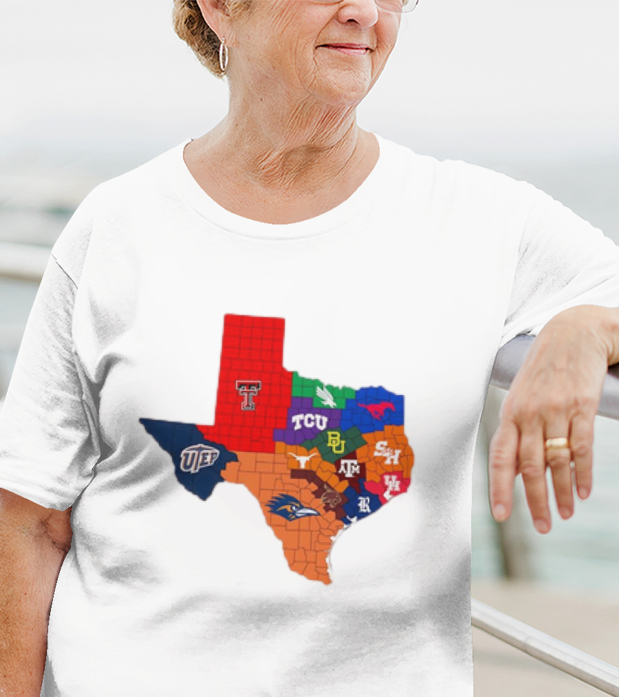 Map Of Texas College Football Teams Featuring TCU Baylor Texas A&M Texas Tech UTEP T-Shirt