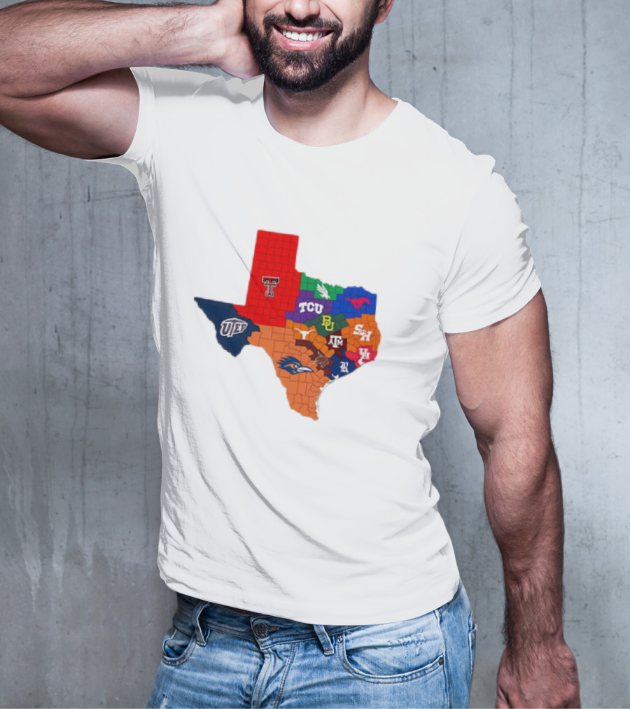 Map Of Texas College Football Teams Featuring TCU Baylor Texas A&M Texas Tech UTEP T-Shirt