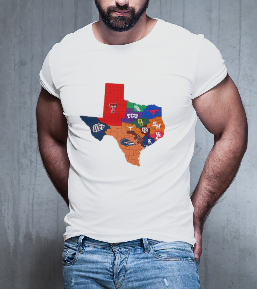 Map Of Texas College Football Teams Featuring TCU Baylor Texas A&M Texas Tech UTEP T-Shirt