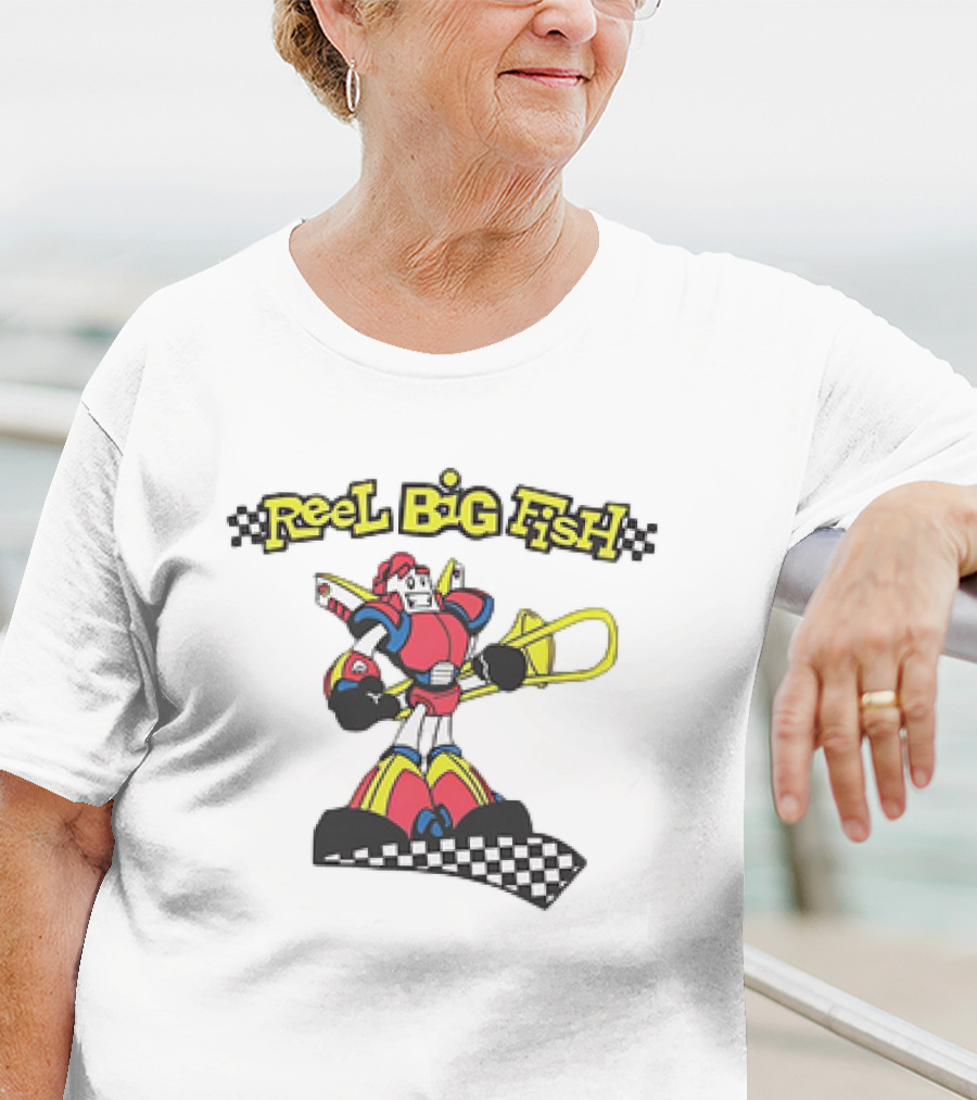 Reel Big Fish Robot Character With Trombone And Checkerboard T-Shirt