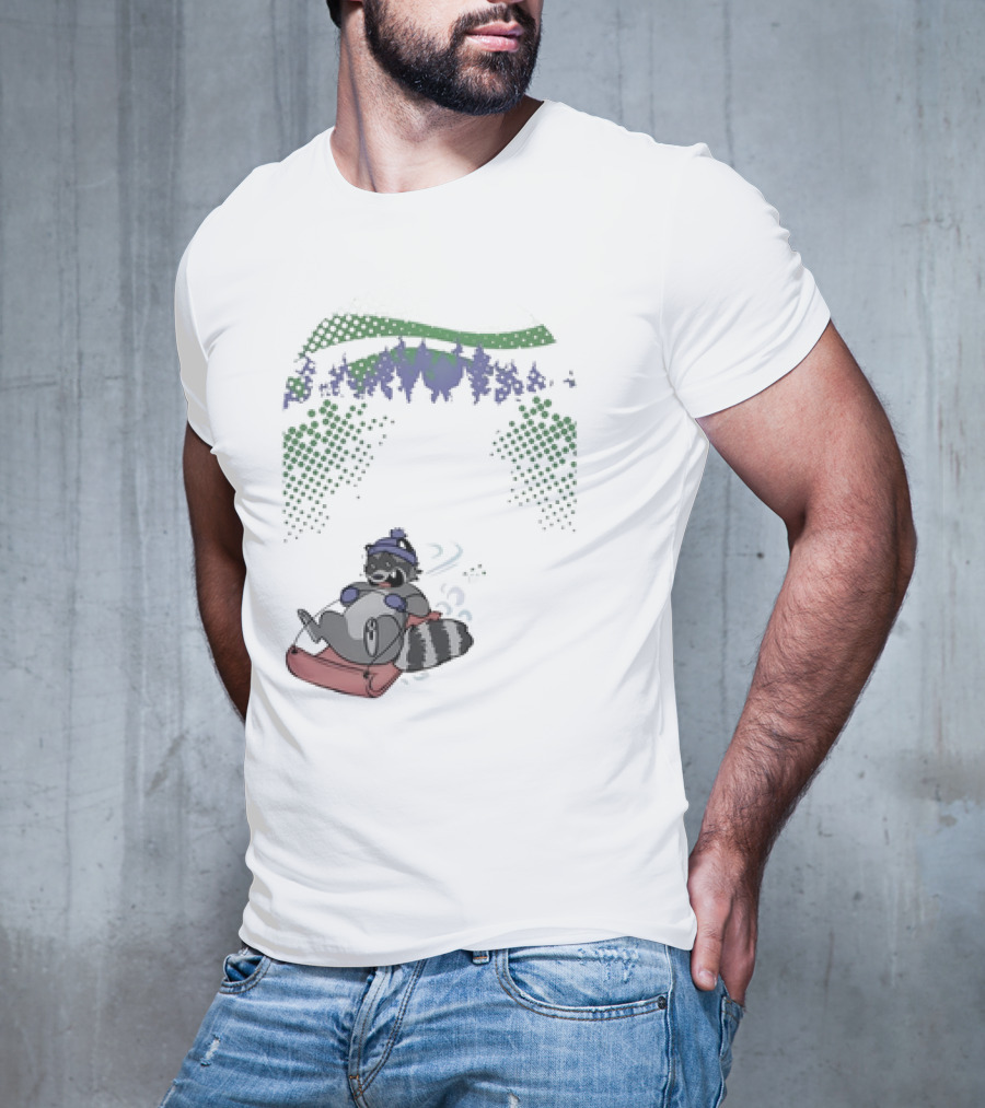 Raccoon Sledding In Winter Forest Scene With Evergreen Trees And Snowflakes T-Shirt