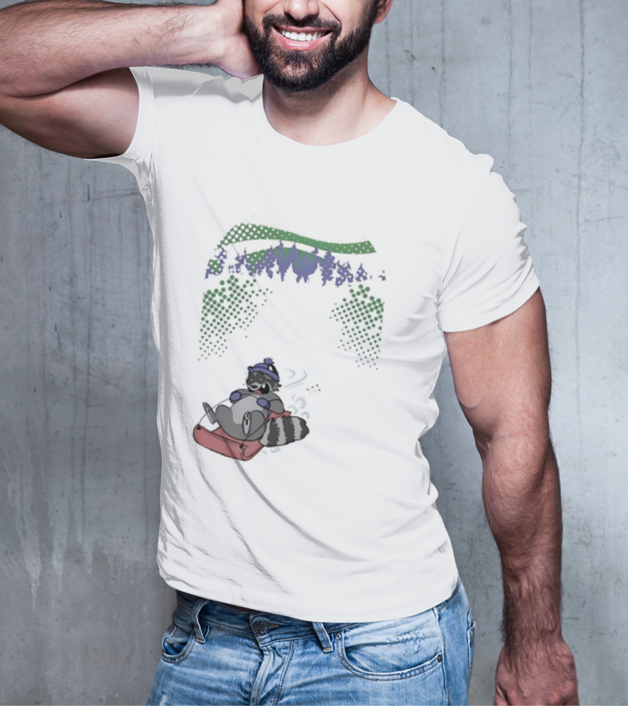 Raccoon Sledding In Winter Forest Scene With Evergreen Trees And Snowflakes T-Shirt