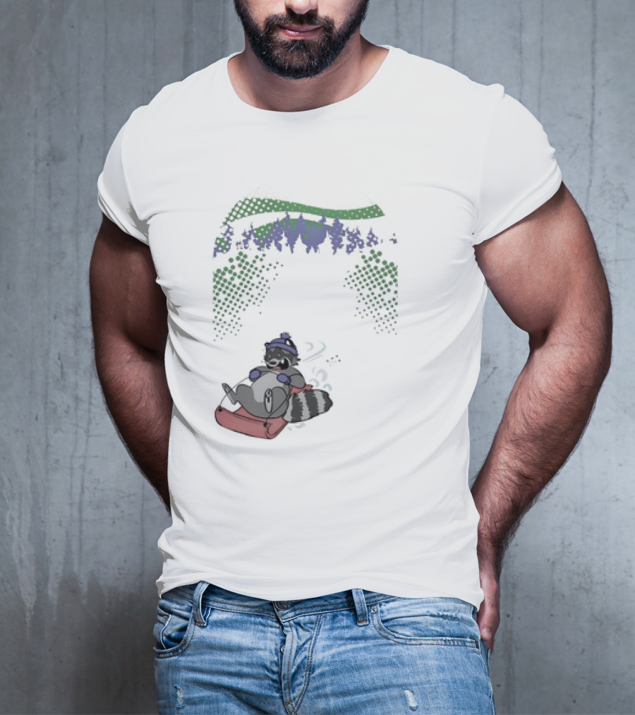 Raccoon Sledding In Winter Forest Scene With Evergreen Trees And Snowflakes T-Shirt