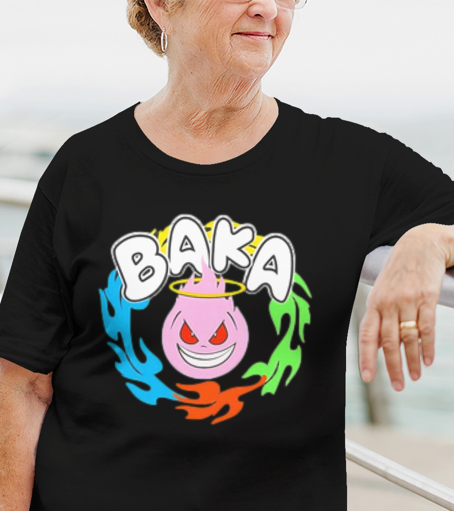 Baka Cartoon Flame With Mischievous Expression Surrounded By Colorful Fire Halo T-Shirt