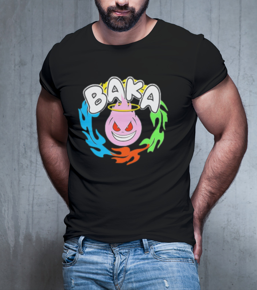 Baka Cartoon Flame With Mischievous Expression Surrounded By Colorful Fire Halo T-Shirt