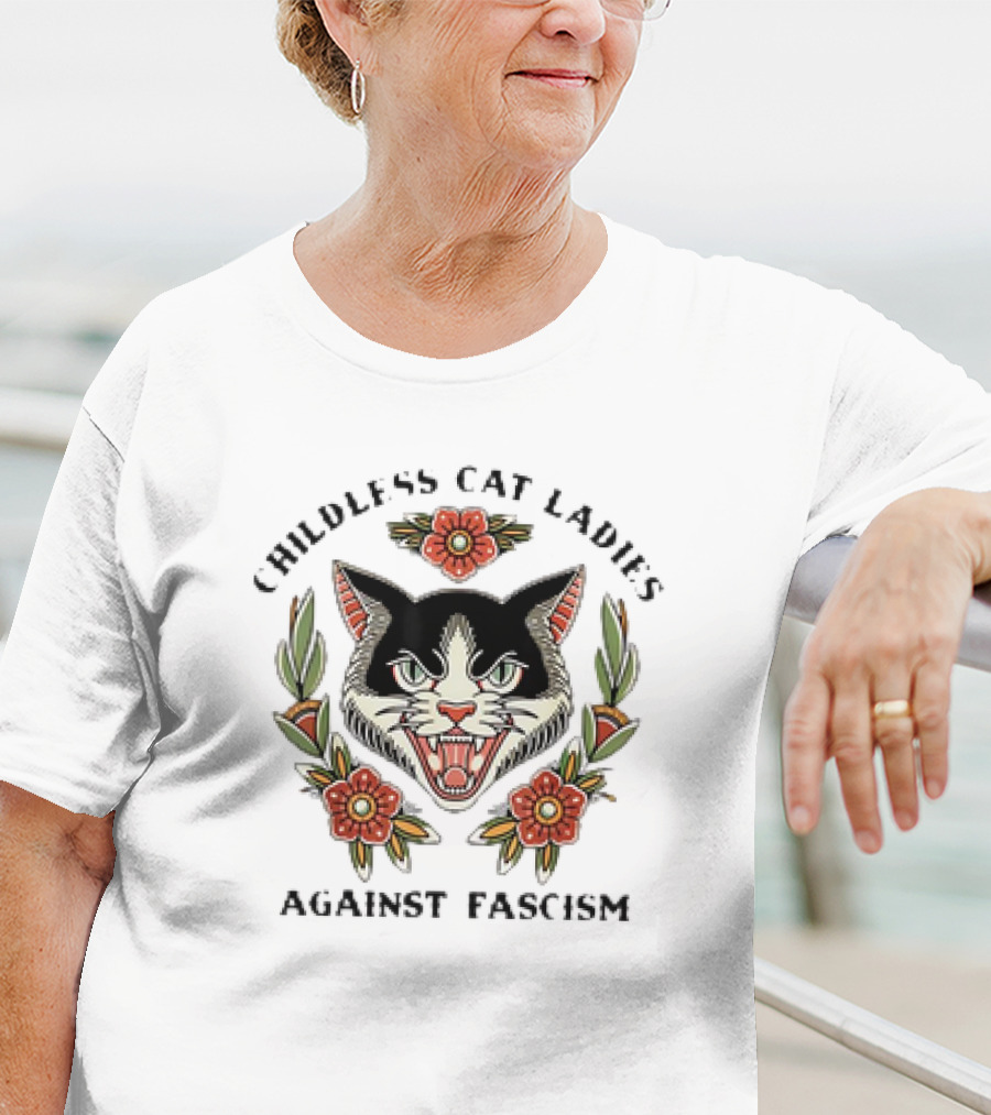 Childless Cat Ladies Against Fascism Fierce Cat Floral Emblem T-Shirt