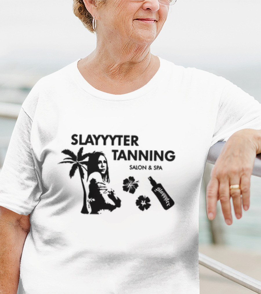 Slayyyter Tanning Salon And Spa Palm Flowers And Lotion Bottle T-Shirt