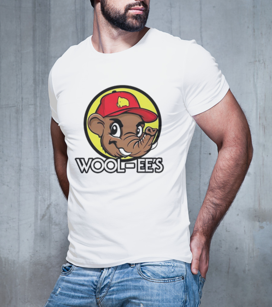 Wool-Ee’s Woolly Mammoth Cartoon Character In Red Cap With Yellow Background T-Shirt