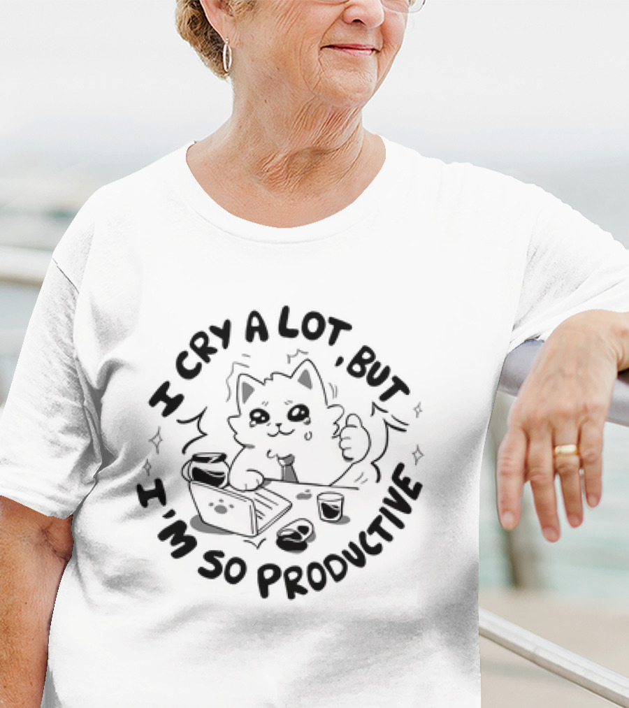 I Cry A Lot But I'm So Productive Cat Laptop Coffee Thumbs Up T-Shirt