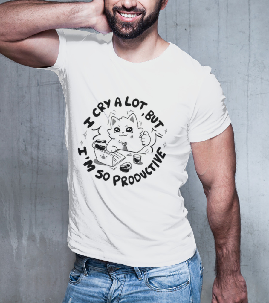 I Cry A Lot But I'm So Productive Cat Laptop Coffee Thumbs Up T-Shirt