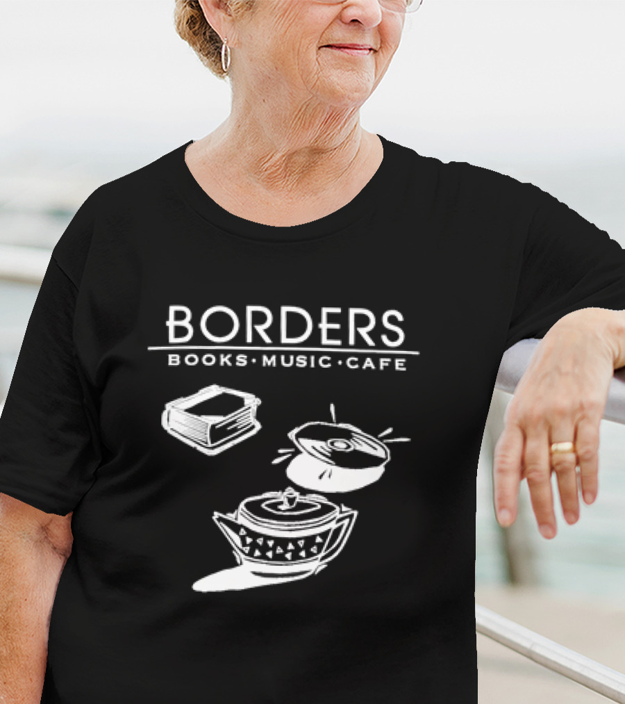 Borders Books Music Cafe Logo With Book, CD, And Teapot T-Shirt
