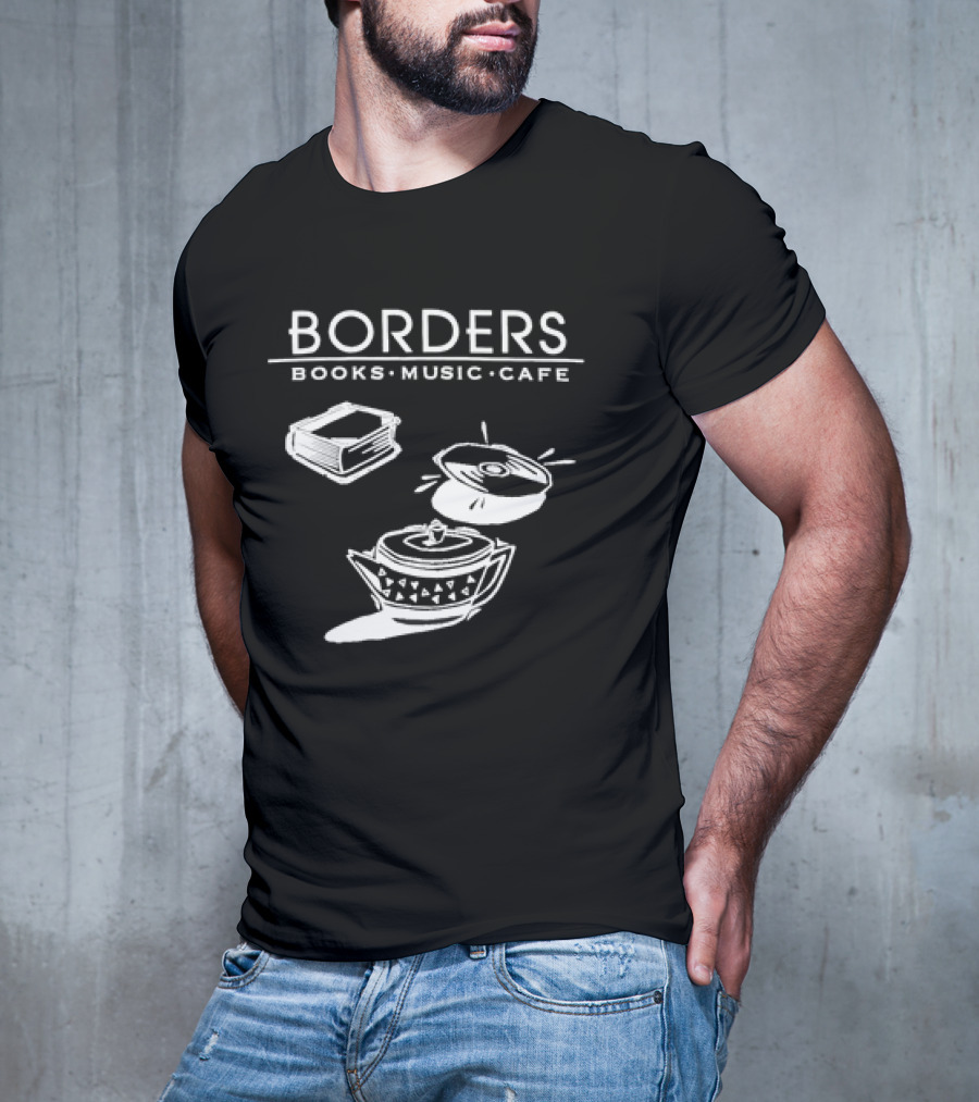 Borders Books Music Cafe Logo With Book, CD, And Teapot T-Shirt
