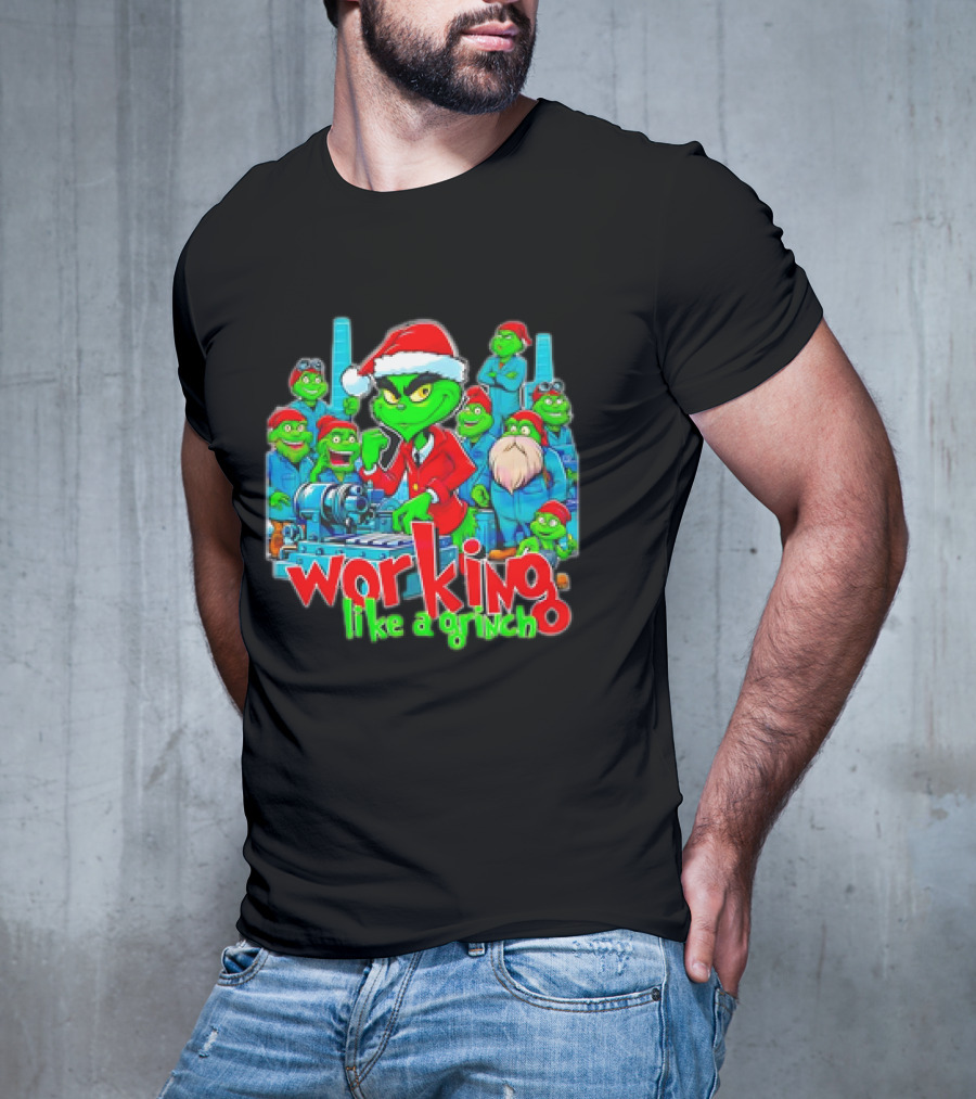Working Like A Grinch Christmas Mechanic Santa Hat Crew T-Shirt
