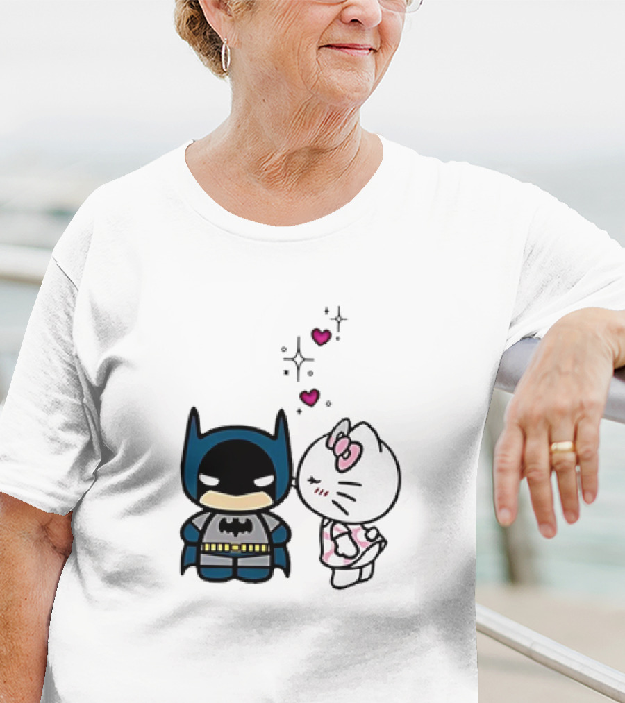 Hello Kitty Kissing Batman With Hearts And Sparkles T-Shirt