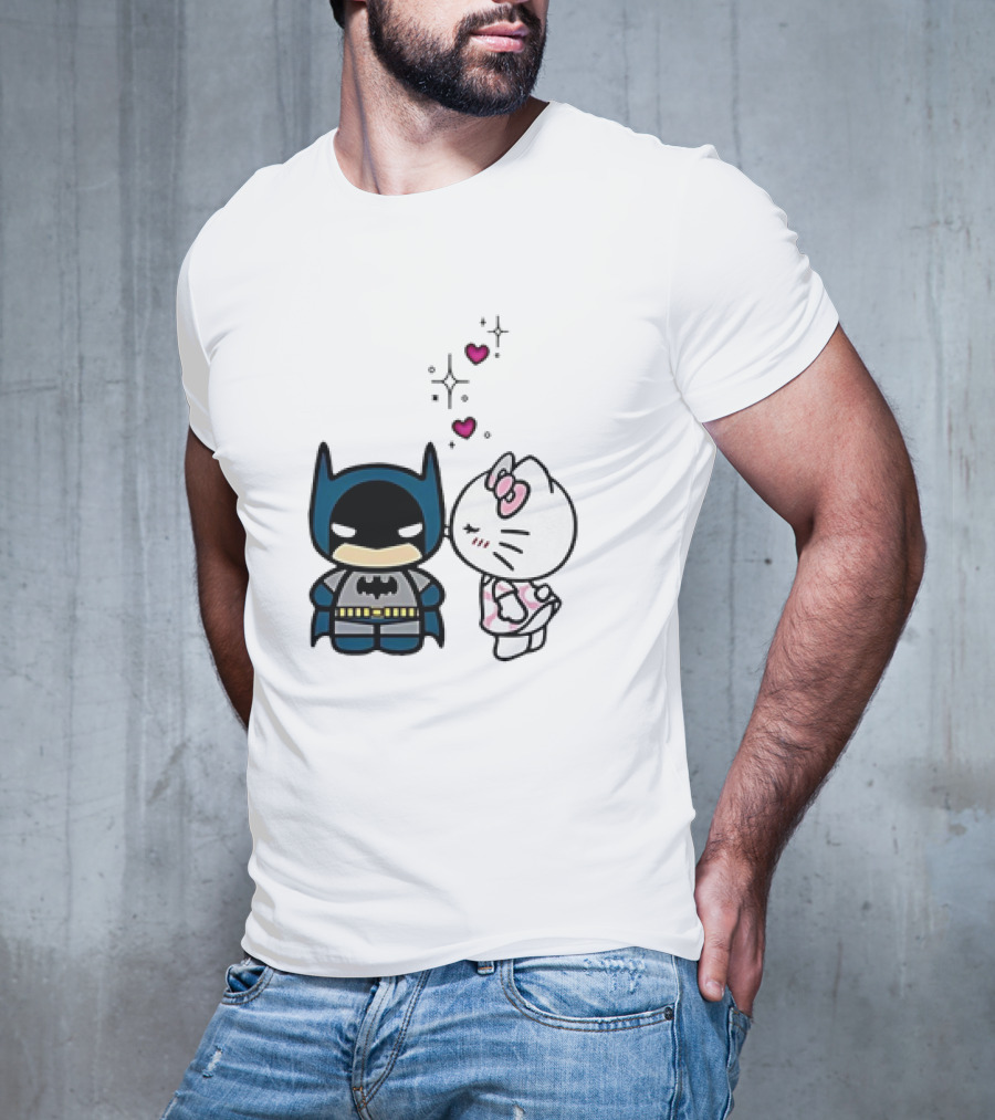 Hello Kitty Kissing Batman With Hearts And Sparkles T-Shirt