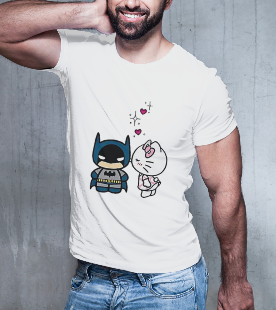 Hello Kitty Kissing Batman With Hearts And Sparkles T-Shirt