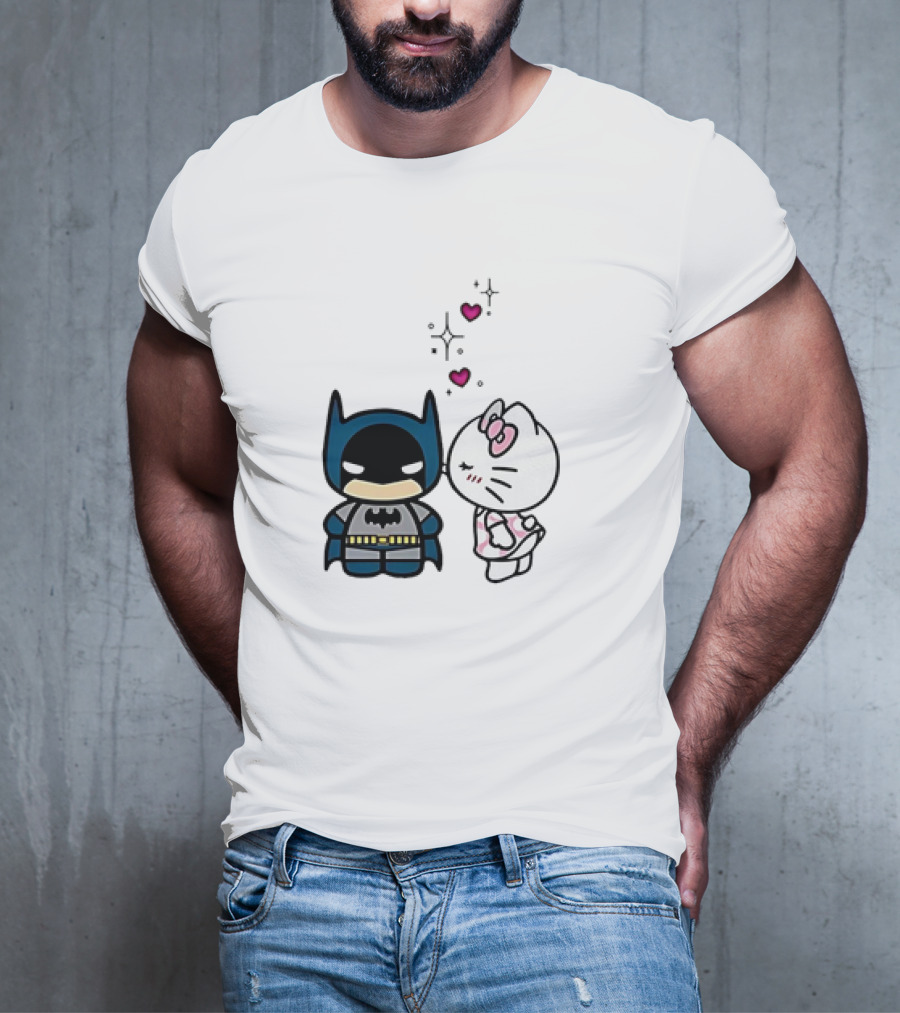 Hello Kitty Kissing Batman With Hearts And Sparkles T-Shirt