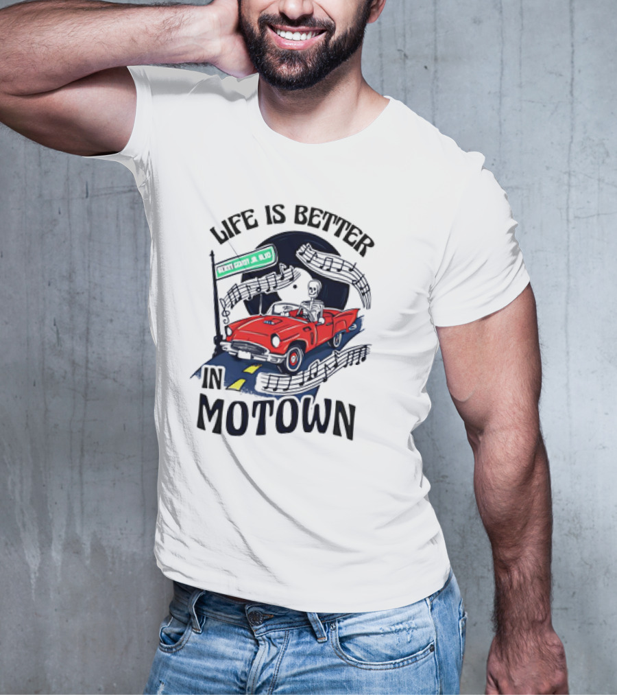 Life Is Better In Motown Skeleton Driver In Red Convertible With Musical Notes T-Shirt