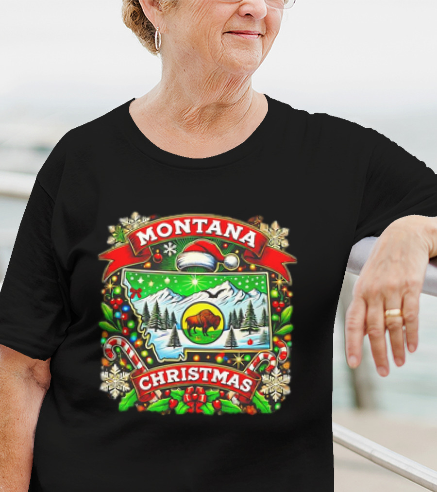 Montana Christmas Snowy Mountains And Buffalo Holiday Festive T-Shirt