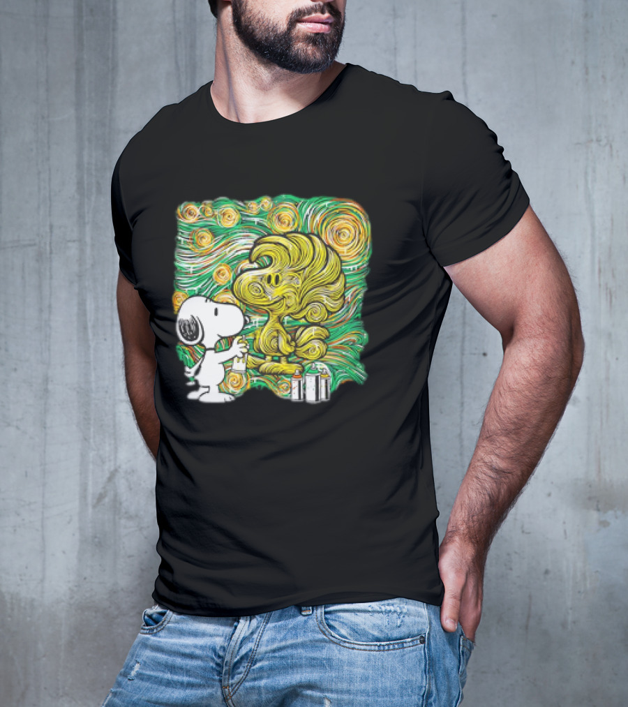 Peanuts Snoopy Spray Painting Woodstock In Starry Night Graffiti T-Shirt