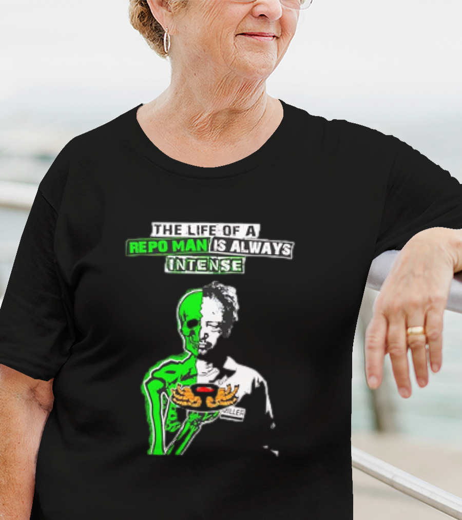 The Life Of A Repo Man Is Always Intense Skull Duality Neon Green Skeleton Black Hat Grim Reaper Delivery Pizza Box Killer T-Shirt