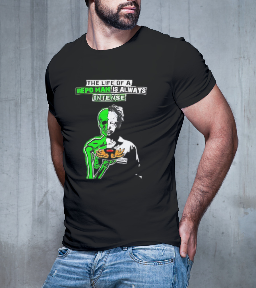 The Life Of A Repo Man Is Always Intense Skull Duality Neon Green Skeleton Black Hat Grim Reaper Delivery Pizza Box Killer T-Shirt