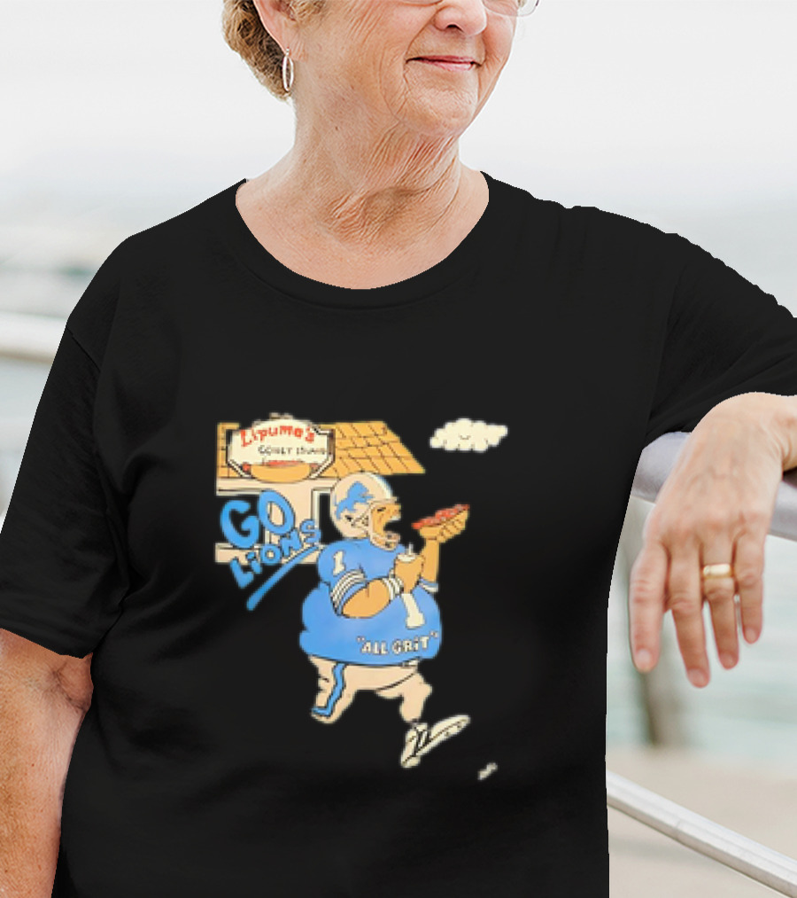 Lipuma’s Coney Island Go Lions All Grit Detroit Lions Football Player Eating Hot Dog T-Shirt