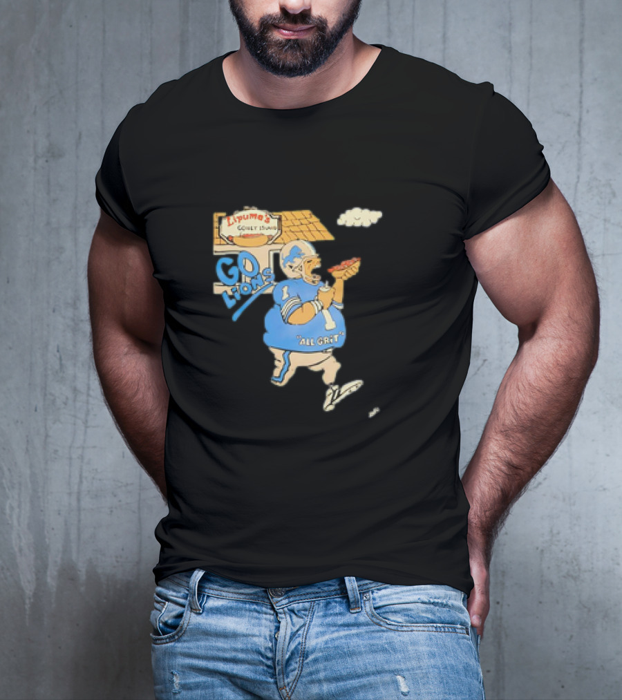 Lipuma’s Coney Island Go Lions All Grit Detroit Lions Football Player Eating Hot Dog T-Shirt