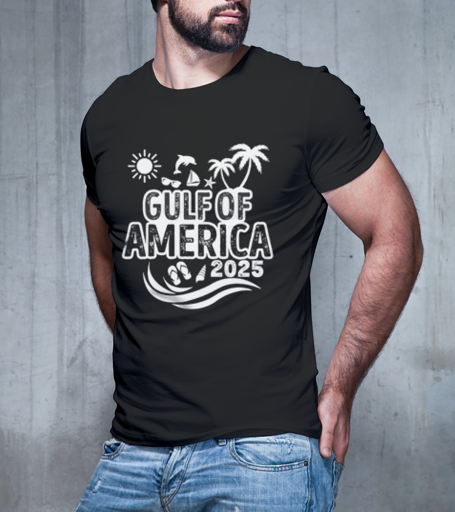 Gulf Of America 2025 Sun Palm Trees Dolphin Sailboat Sandals Waves T-Shirt