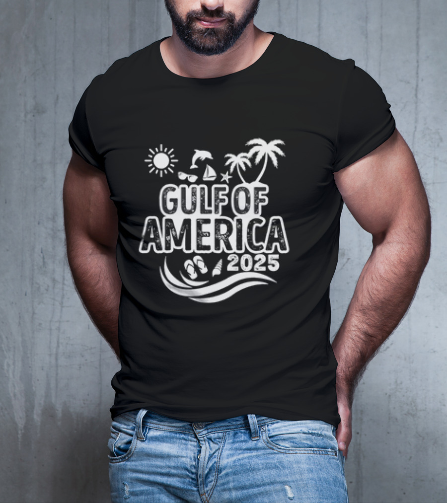 Gulf Of America 2025 Sun Palm Trees Dolphin Sailboat Sandals Waves T-Shirt