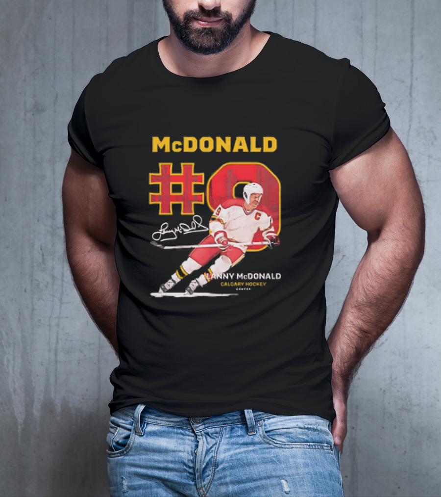 Lanny McDonald #9 Calgary Flames NHL Hockey Throwback Vintage Signature T-Shirt