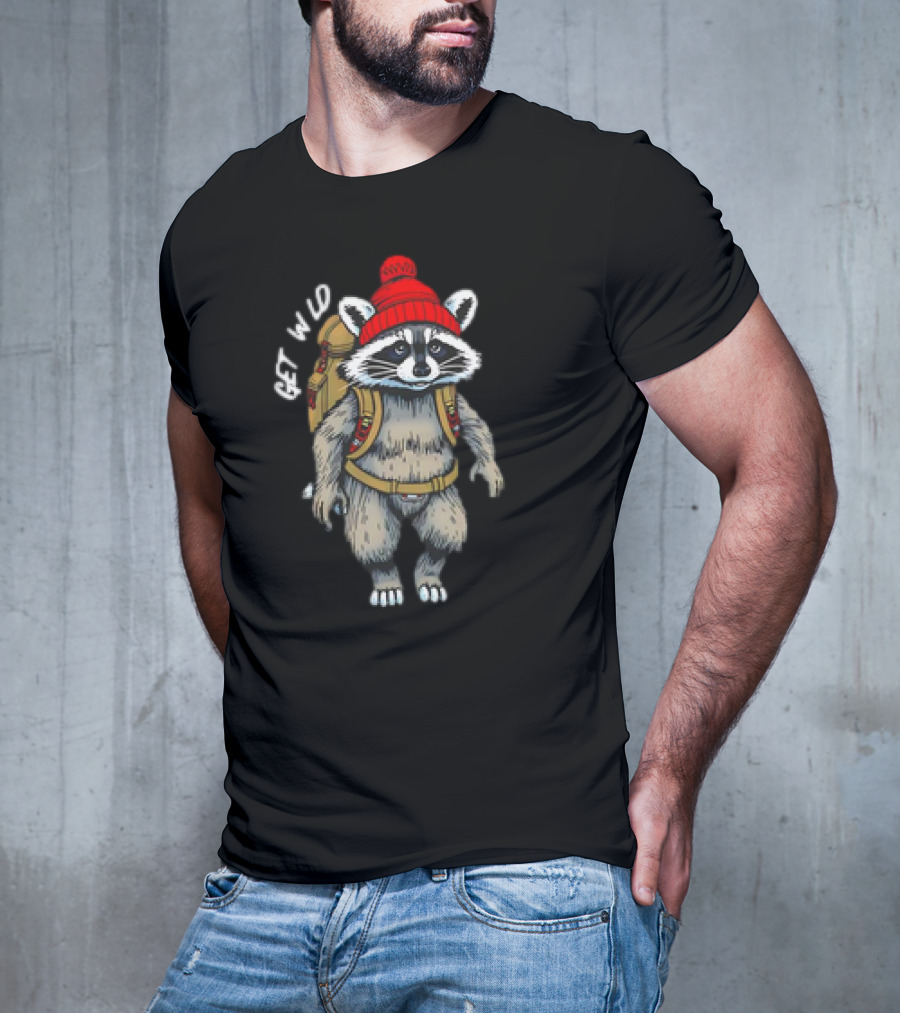 Get Wld Raccoon With Backpack And Red Beanie T-Shirt