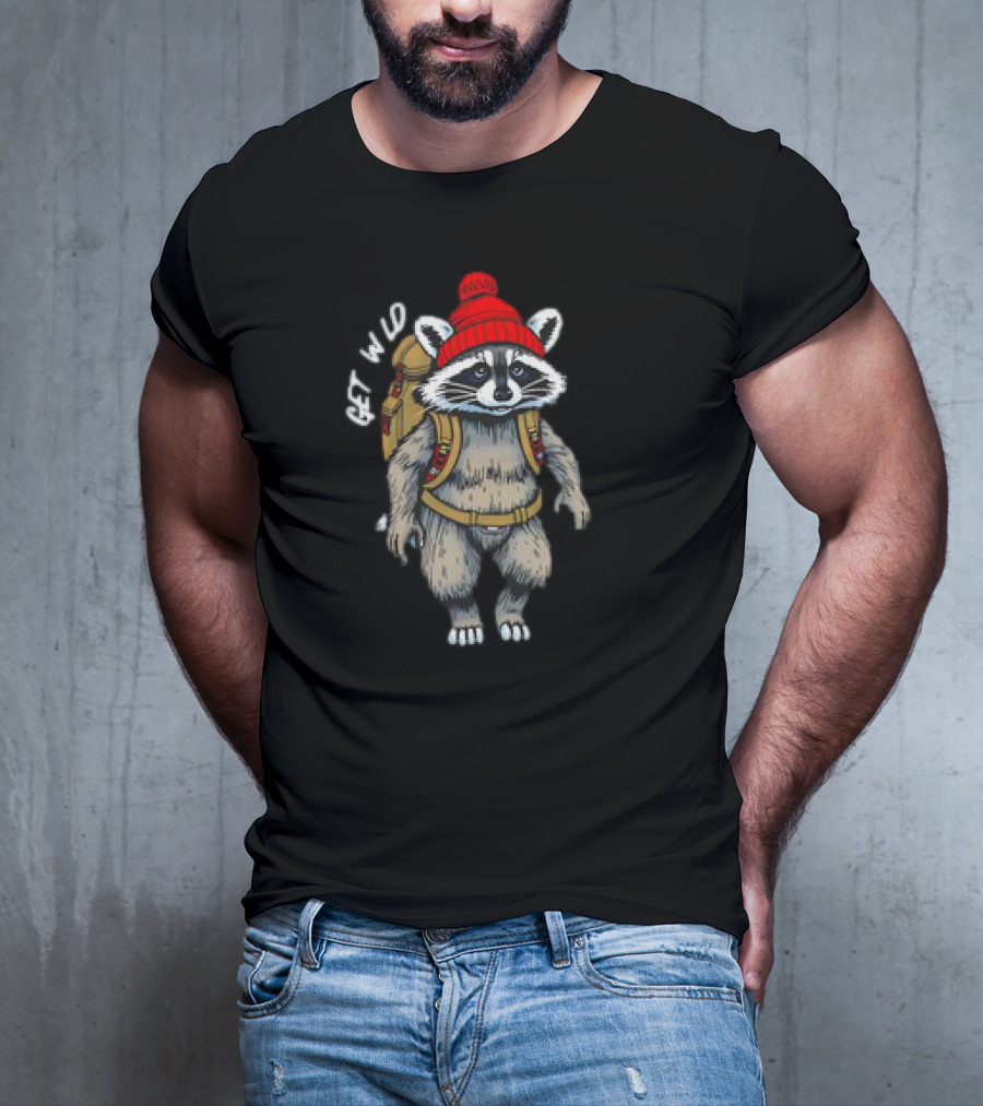 Get Wld Raccoon With Backpack And Red Beanie T-Shirt