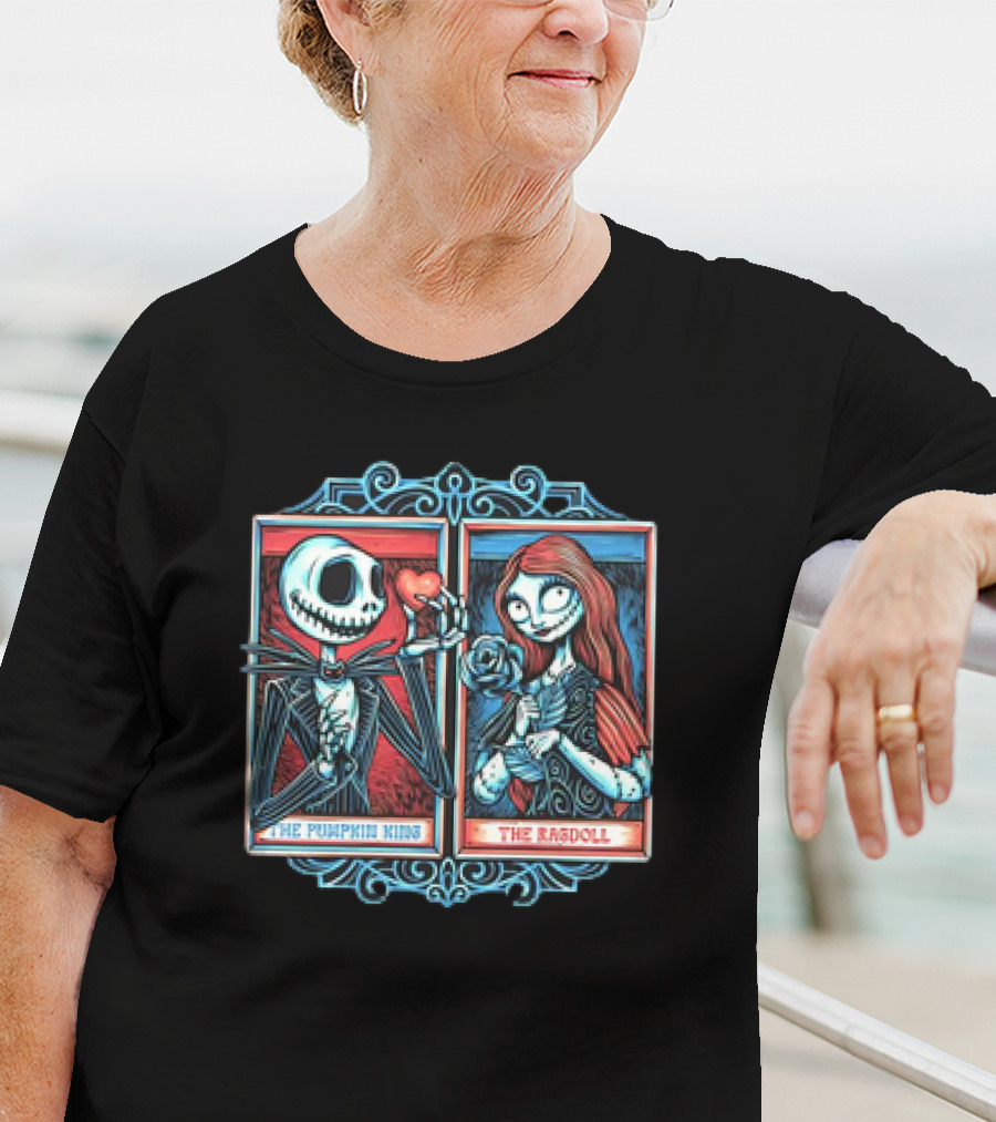 Skeleton Romance Jack Skellington The Pumpkin King And Sally The Ragdoll Heart And Rose T-Shirt